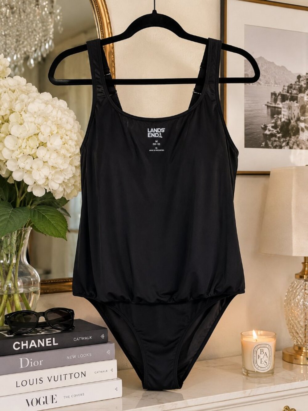 Lands' End Black Tummy-Control Blouson One-Piece Swimsuit | Size M (10–12)